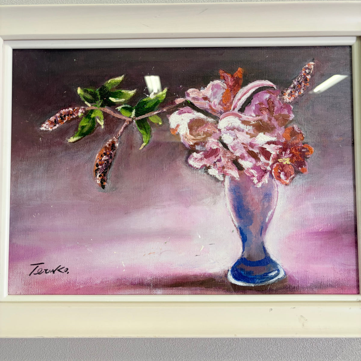 真作】Teruko 作：牡丹と藤の静物画/ 肉筆油彩画 花瓶の花 静物画