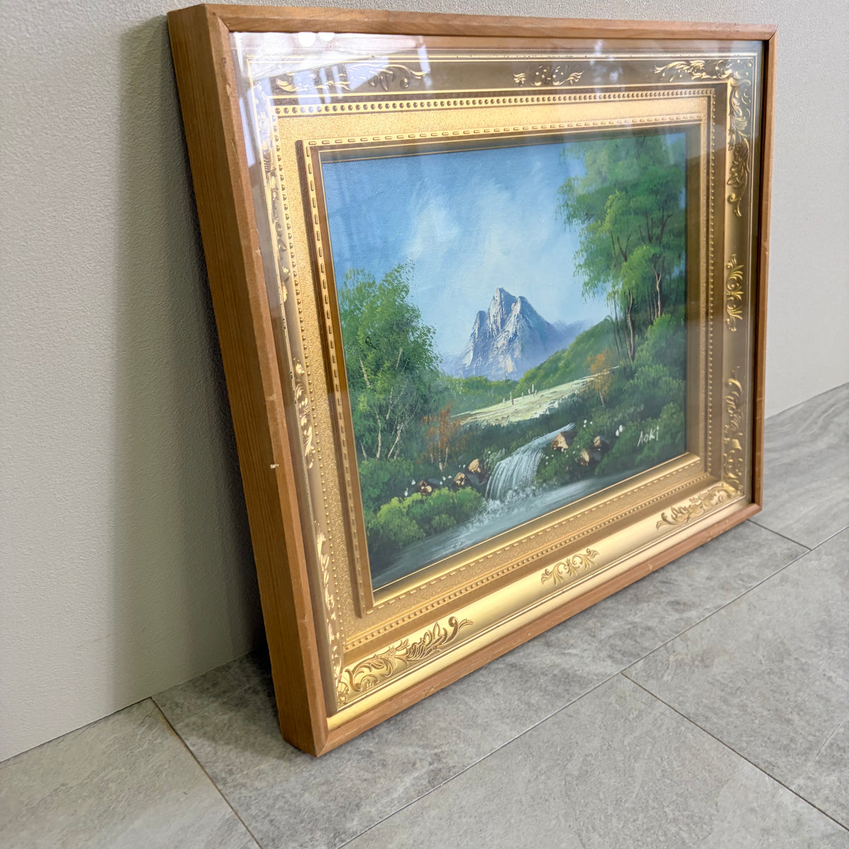 油彩風 風景画 額装品 サインあり「Aoki」 山岳 清流 滝 豪華二重額縁
