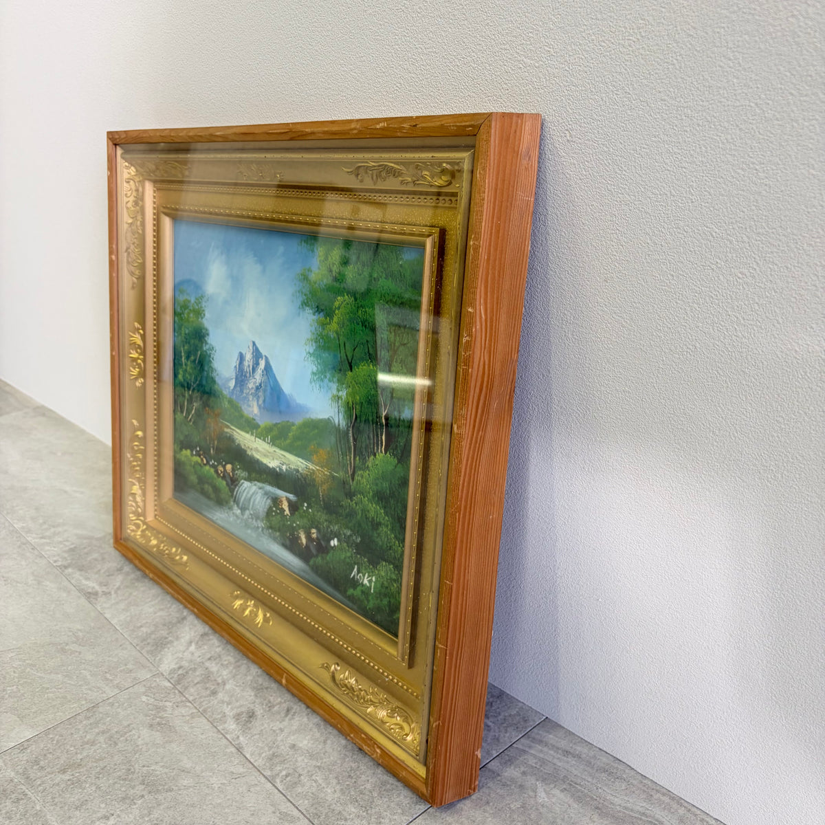 油彩画 山岳風景画 Takahashi サイン入り 額装 油彩風 風景画 額装品 サインあり「Aoki」 山岳 清流 滝 豪華二重額縁