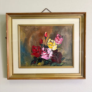 躍動感のある薔薇の油彩画 / 静物画バラ 額縁付き 額装 インテリア ペインティングナイフ