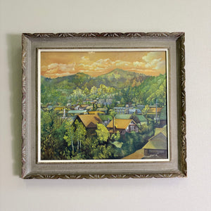 夕暮れの山並みと集落の風景 / 肉彩画 美術品 油絵 絵画 風景画