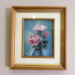 美しい薔薇の静物画 / 油彩画 静物画 薔薇の花瓶 肉筆 手描き サインあり 額装品 木製フレーム